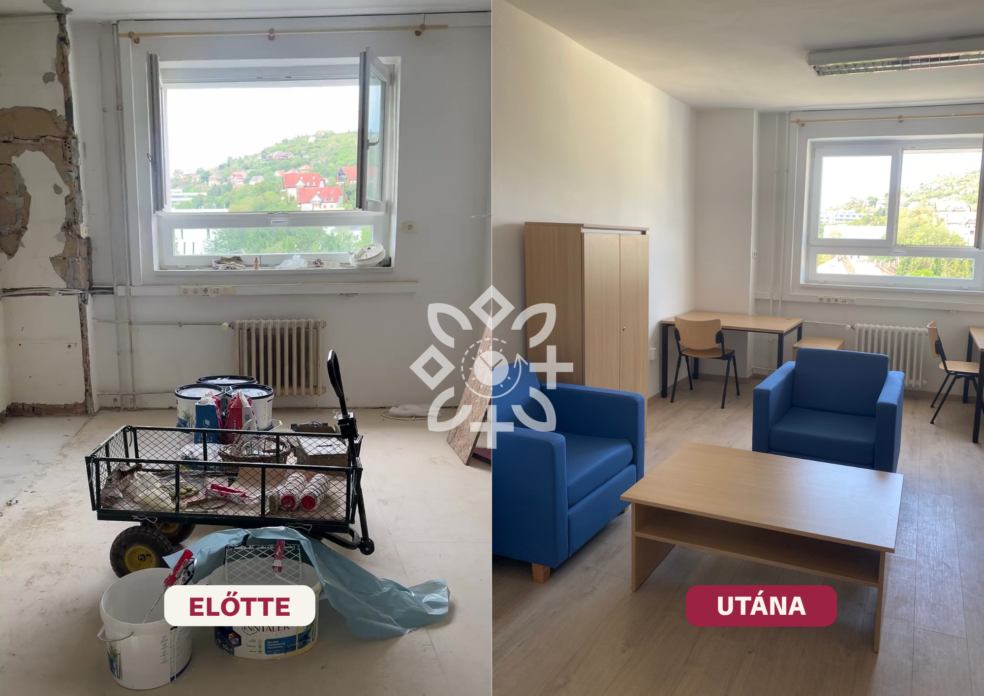 A D épület egyik belső tere a korszerűsítési munkák közben és azok befejezése után