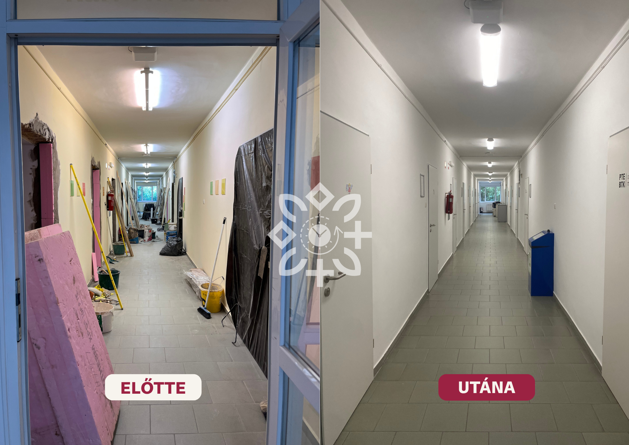 A D épület folyosója az ajtócsere közben és a munkálatok befejezése után