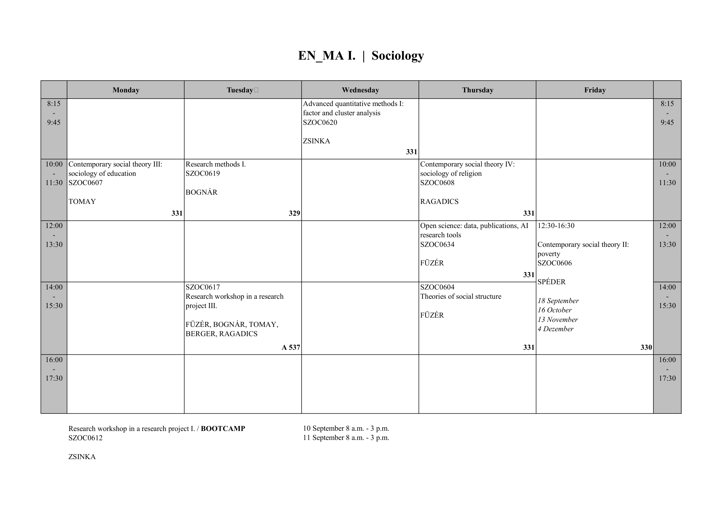 Master in Sociology I timetable